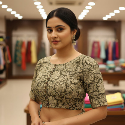 Green Printed Cotton Boatneck Blouse | Greenprinted