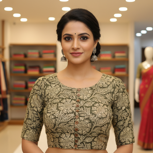 Green Printed Cotton Boatneck Blouse | Greenprinted