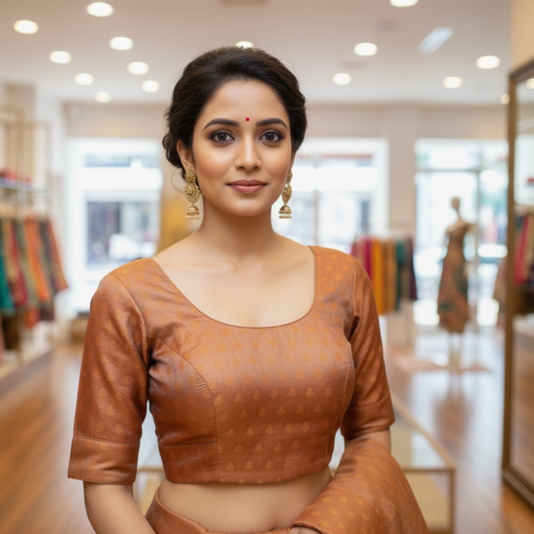 Rust Orange Princess Cut Silk Brocade Blouse | Rust Orange