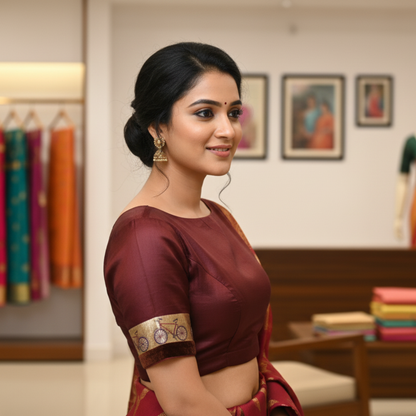Dark Maroon Silk Pattu Boat Neck Blouse | Silk Boat Neck