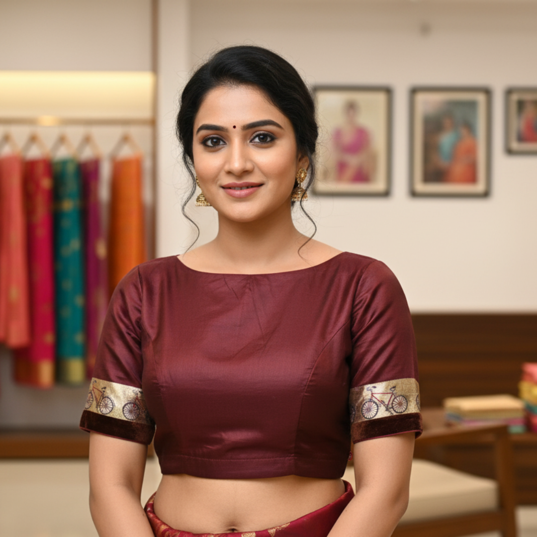 Dark Maroon Silk Pattu Boat Neck Blouse | Silk Boat Neck