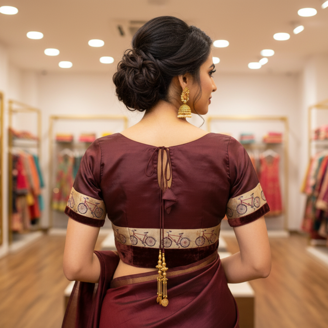 Dark Maroon Silk Pattu Boat Neck Blouse | Silk Boat Neck