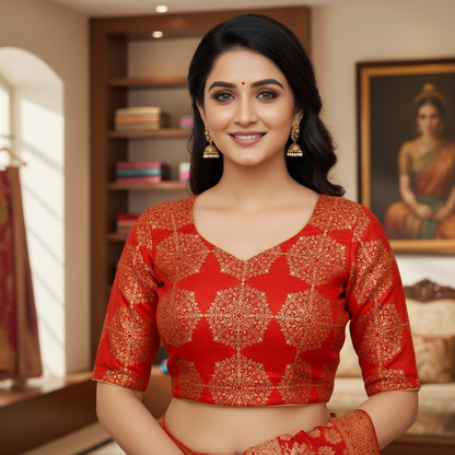 Red Printed Readymade Blouse | Red Printed