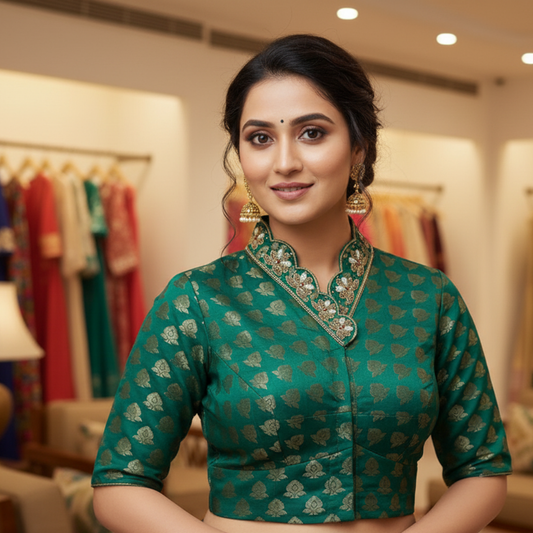 Green Banarasi Brocade with Heavy Maggam Work On Collar Neck Blouse | Green Banarasi