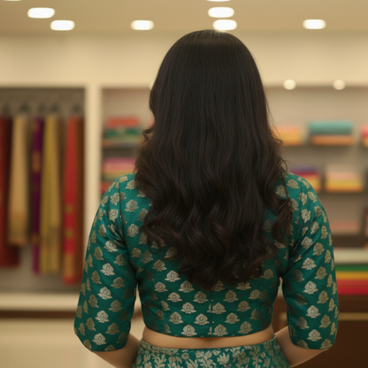 Green Banarasi Brocade with Heavy Maggam Work On Collar Neck Blouse | Green Banarasi