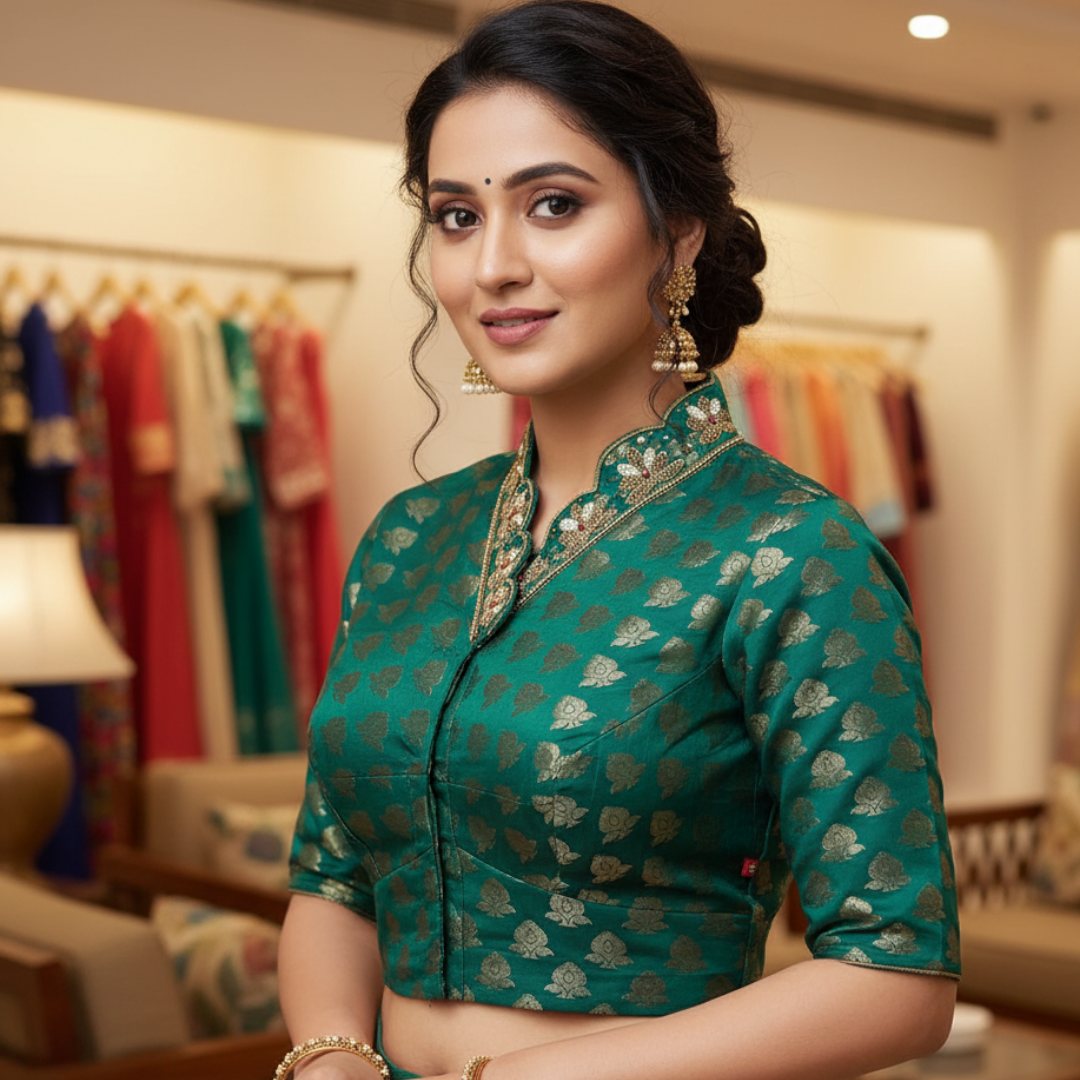 Green Banarasi Brocade with Heavy Maggam Work On Collar Neck Blouse | Green Banarasi