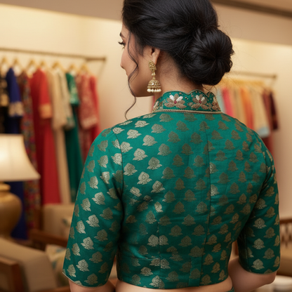 Green Banarasi Brocade with Heavy Maggam Work On Collar Neck Blouse | Green Banarasi