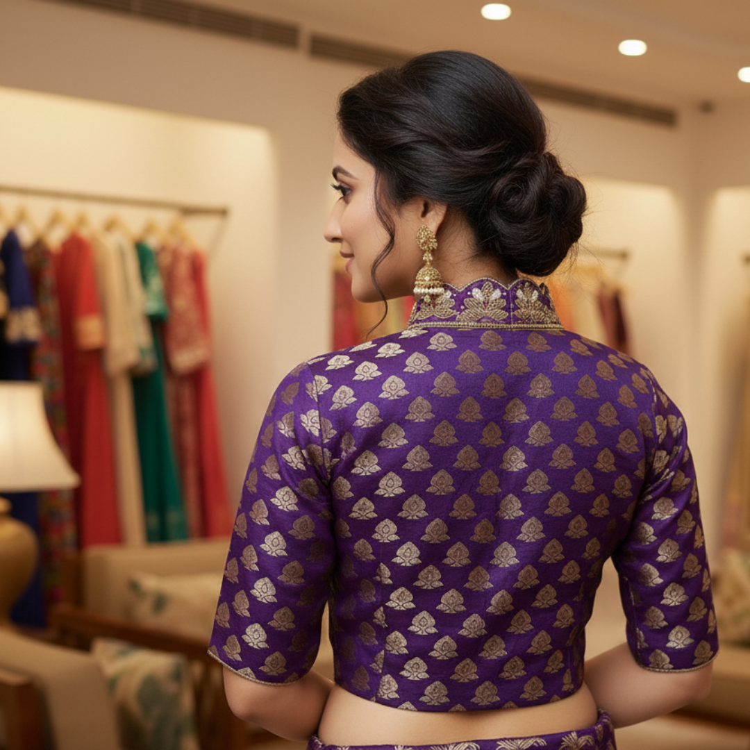 Blue Banarasi Brocade with Heavy Maggam Work On Collar Neck Blouse | Blue Banarasi