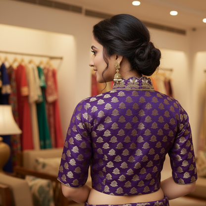 Blue Banarasi Brocade with Heavy Maggam Work On Collar Neck Blouse | Blue Banarasi