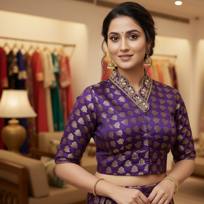 Blue Banarasi Brocade with Heavy Maggam Work On Collar Neck Blouse | Blue Banarasi