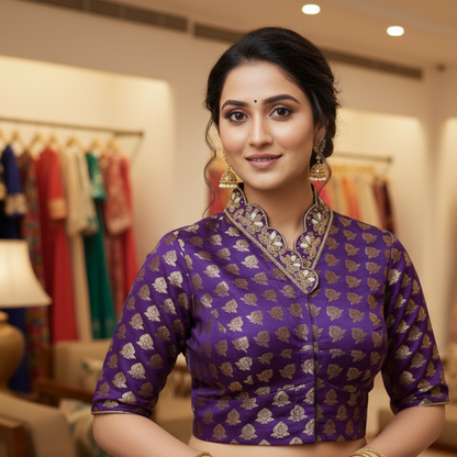 Blue Banarasi Brocade with Heavy Maggam Work On Collar Neck Blouse | Blue Banarasi