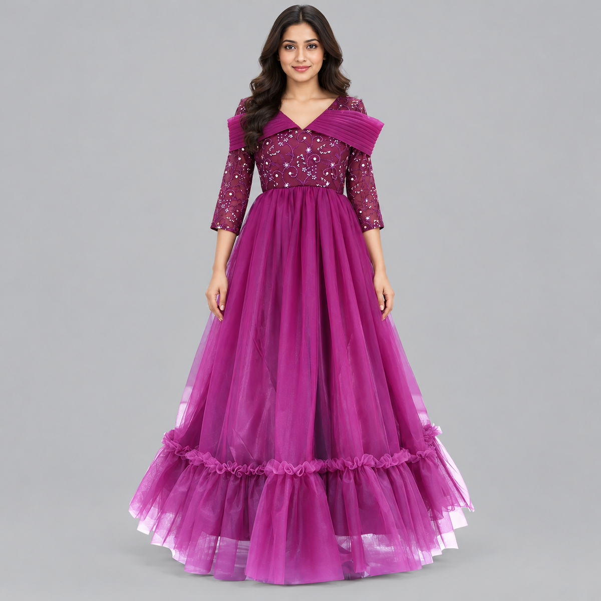 Women's Wine Netted Partywear Maxi Gown | Wine Netted Maxi