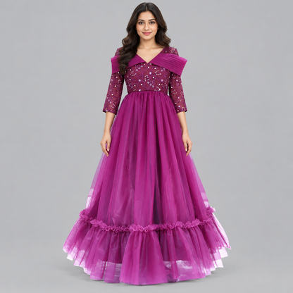 Women's Wine Netted Partywear Maxi Gown | Wine Netted Maxi