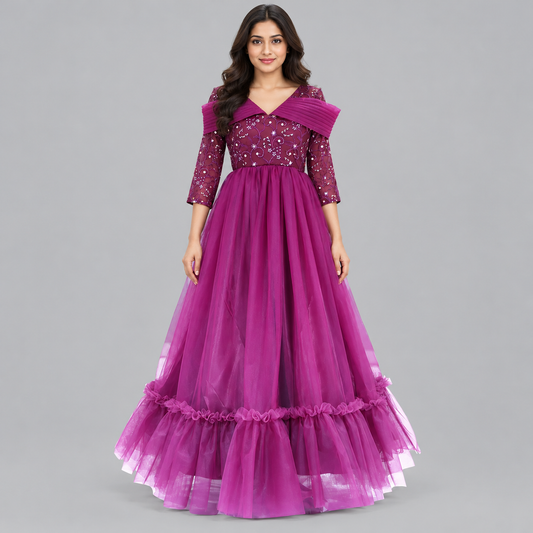 Women's Wine Netted Partywear Maxi Gown | Wine Netted Maxi