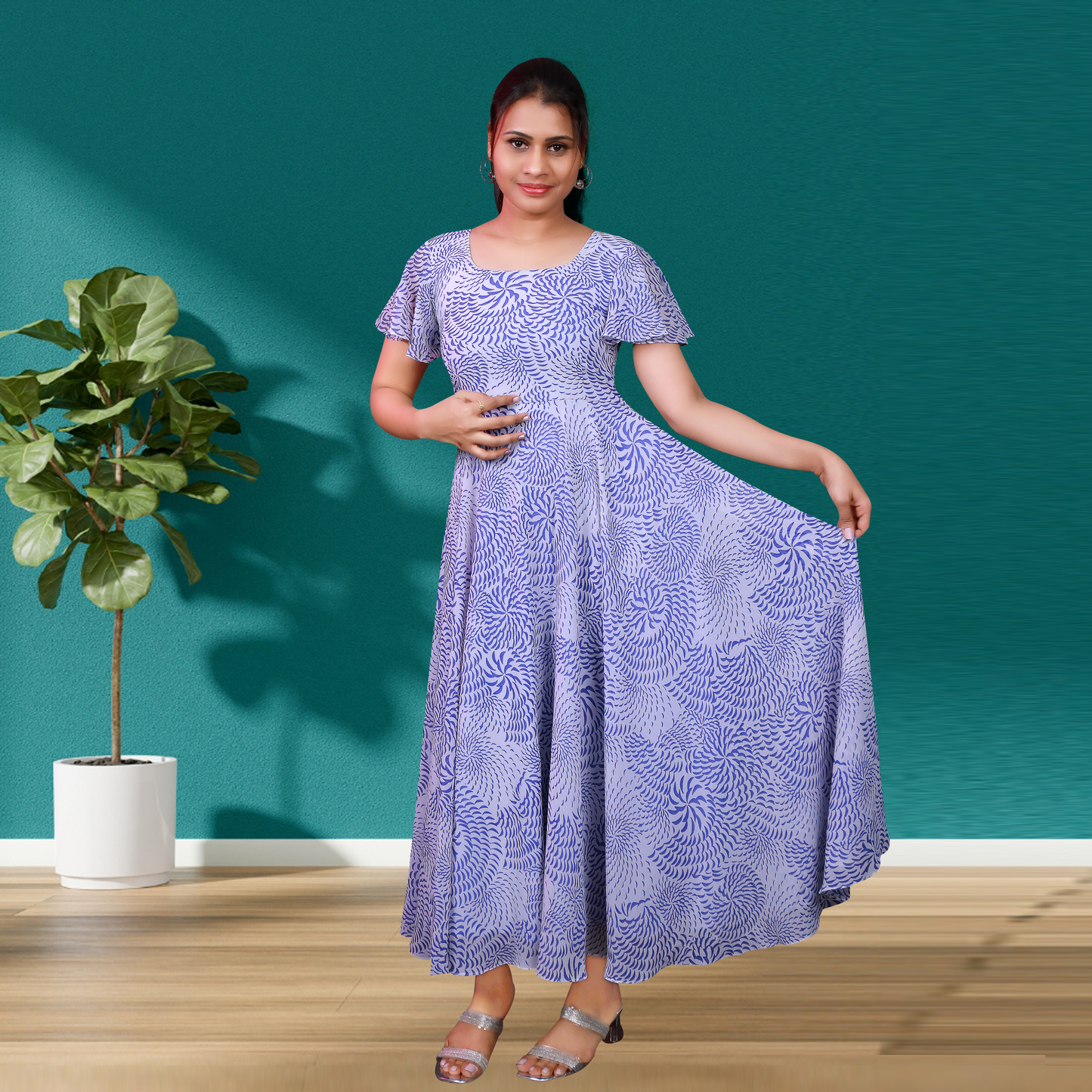 Soft Lavender Blue & White Ruffle Sleeve One-Piece