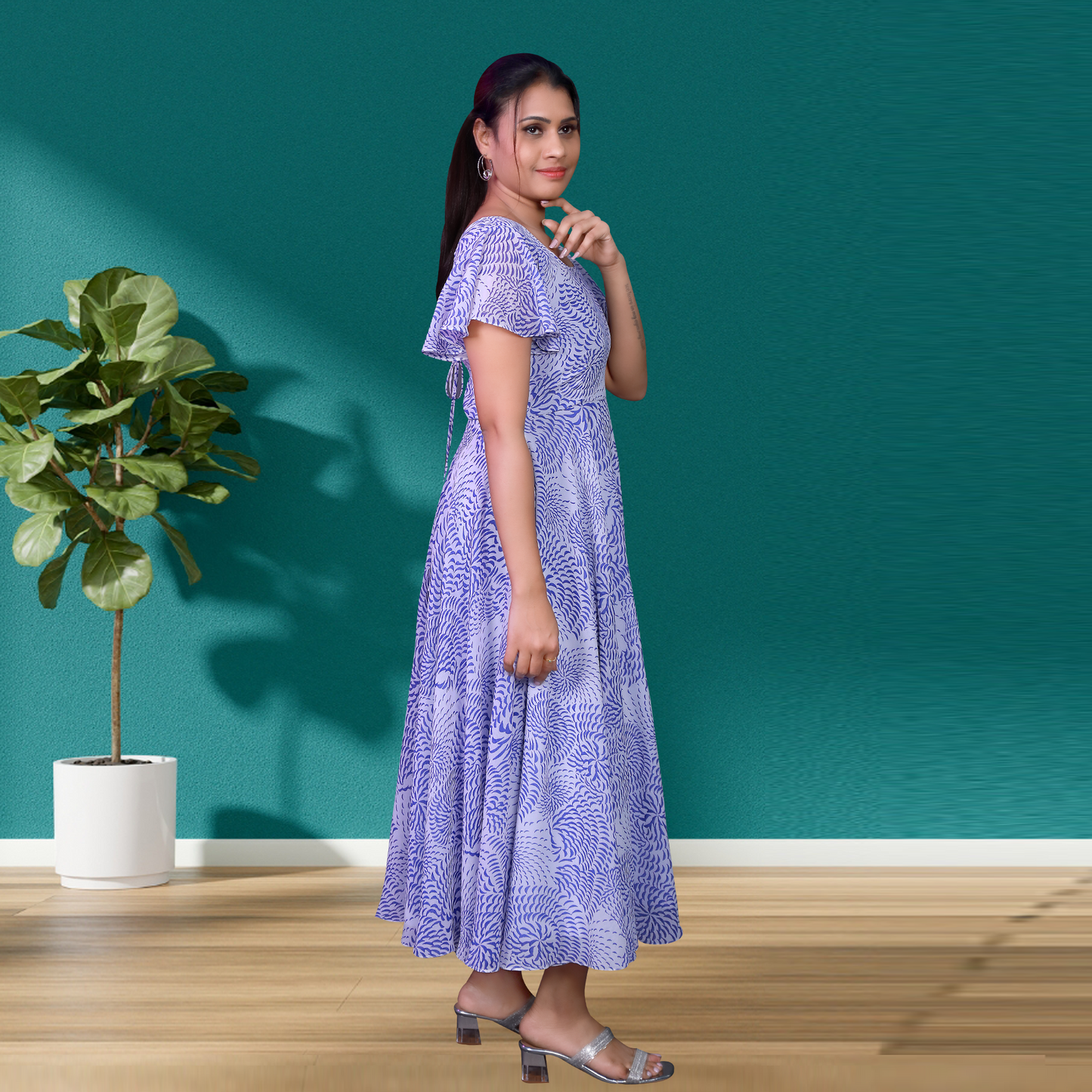Soft Lavender Blue & White Ruffle Sleeve One-Piece