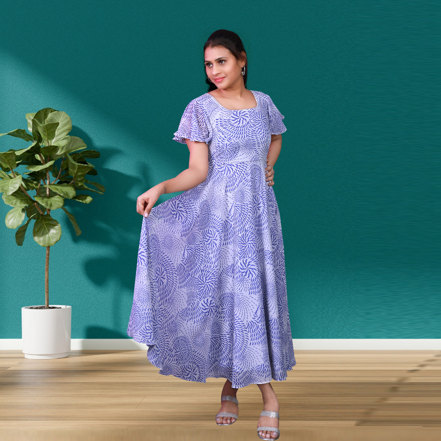 Soft Lavender Blue & White Ruffle Sleeve One-Piece