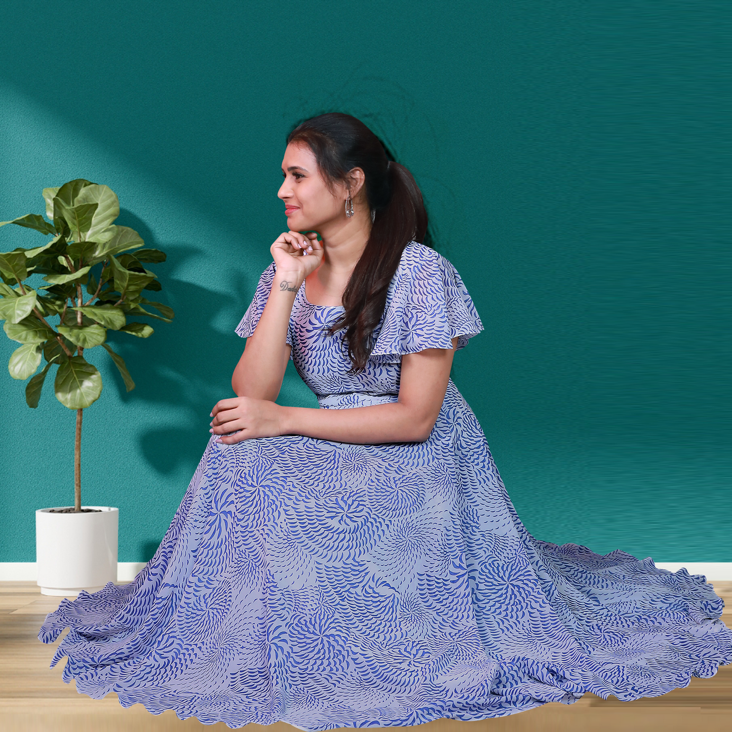 Soft Lavender Blue & White Ruffle Sleeve One-Piece
