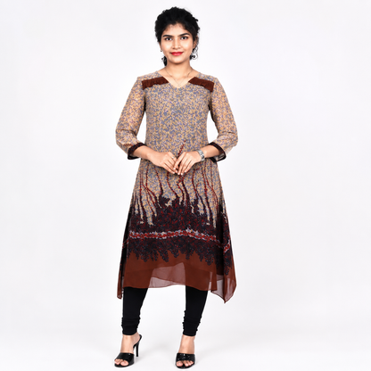 Grey and Maroon Abstract Print A-line Kurti | S3G880