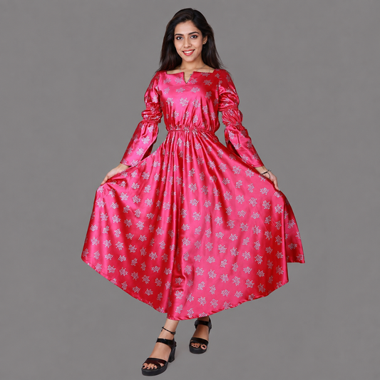 Pink Satin Clinched waist Floral Print Long Gown | S3G1098