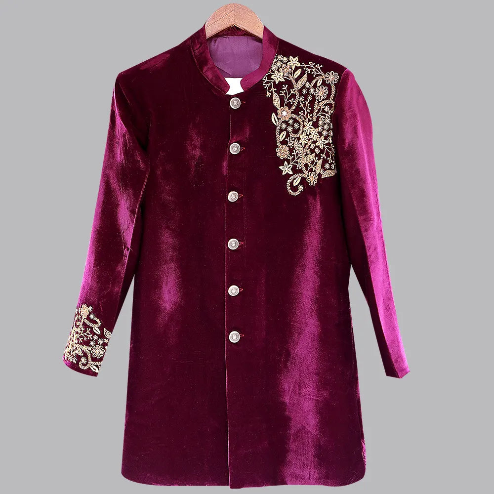Wine-colored velvet Indian Groom Wedding, Engagement, and party function occasion designs for Men's Maggam Sherwani Suit | Men's Maggam suits