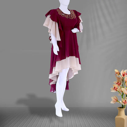 Biege&Maroon Panelled High Low One Piece Dress | Beige&Maroon