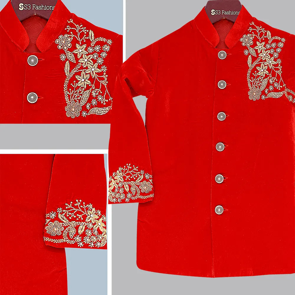 Red Velvet Indian Style for Baby Boy's Maggam Sherwani Suit | Baby Boy's Maggam