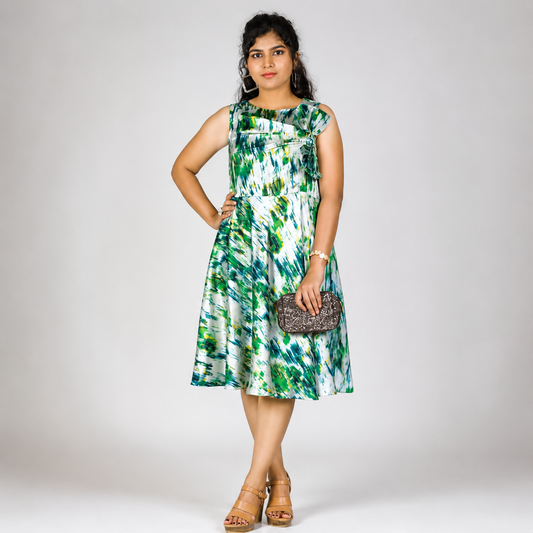 Green Abstract Printed Bow Style Draped Gown | S3G1257