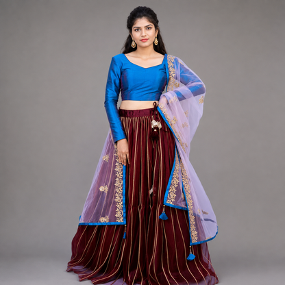 Blue & Brown Net Lehenga Choli with Dupatta | S3BLS194