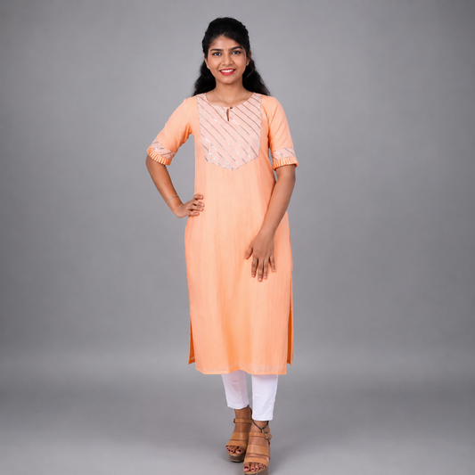 Women Printed Cotton Blend Straight Kurta (Orange) | S3X208