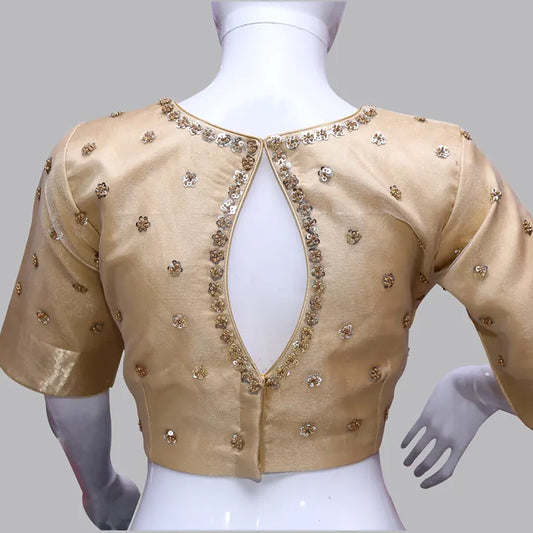 High Neck Backopen Sequence Maggam Work- Beige Netted Blouse | Keyhole Neckline