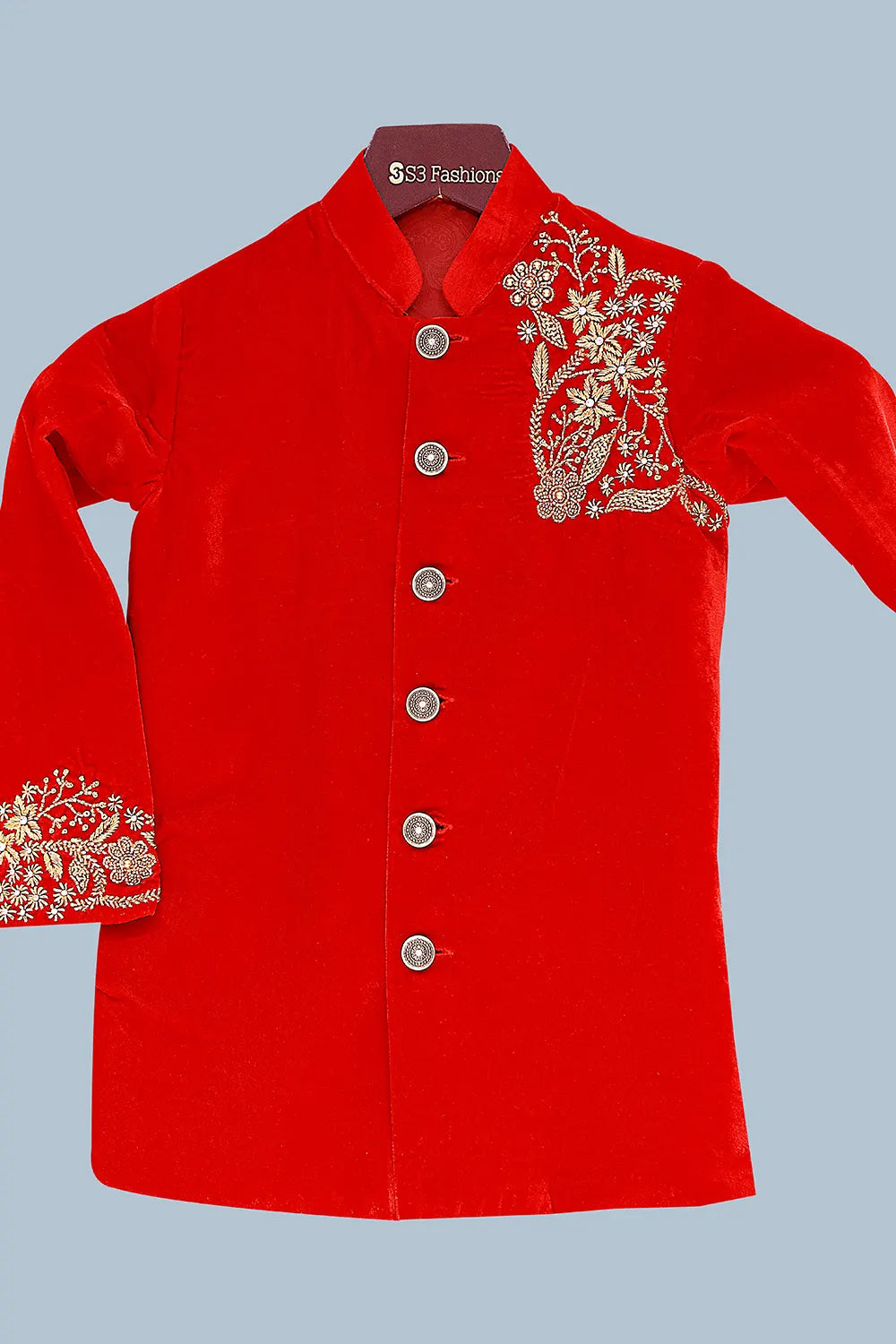 Eliq Surprise your little boy with this trending side button sherwani suit  set from Eliq. Will add more stars to your child's personality and will  give him a complete ethnic look. Designed