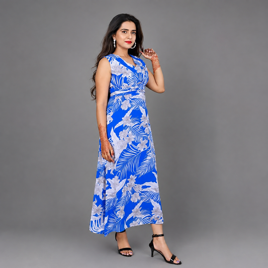 Womens Georgette Blue and White Floral Print Maxi | S3G935