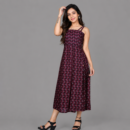 Maroon Abstratct Printed Sleeveless Dress | S3D028A