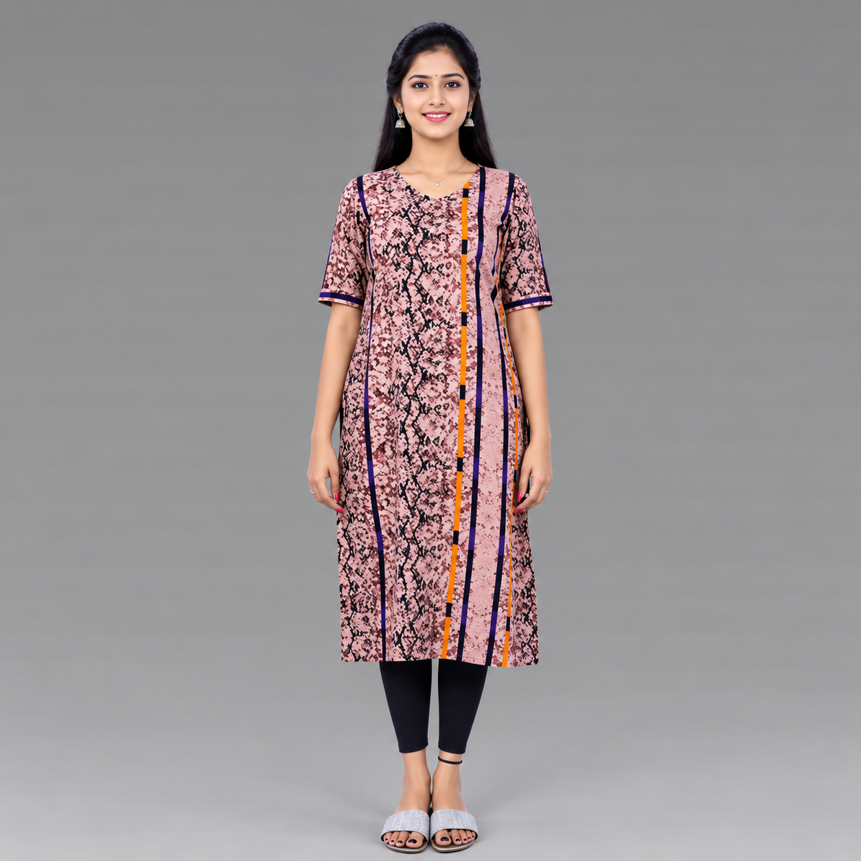 Women Abstract Georgette Straight Kurta (Brown)