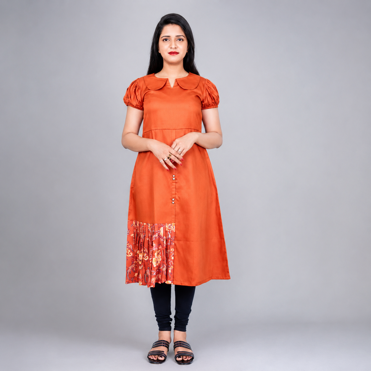 Peter pan Collar Neck with Floral Print Gathered Patch Indo Western Kurti | S3W181