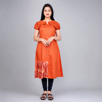 Peter pan Collar Neck with Floral Print Gathered Patch Indo Western Kurti | S3W181