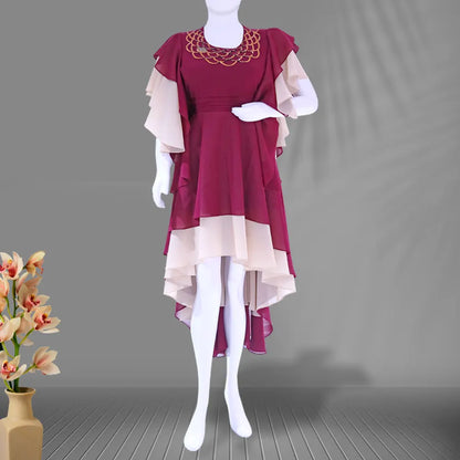 Biege&Maroon Panelled High Low One Piece Dress | Beige&Maroon