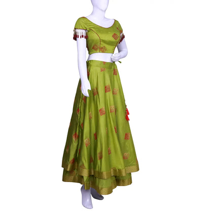 Princess Cut Blouse with Embellished Textiles Adorning Sleeves and Double-Layered Long Skirt | Long Skirt
