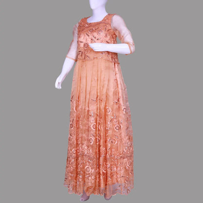Radiant Elegance: Exquisite Round Neck Gown with Pleated Sequence Embroidery Embellishments | Pleated Sequence