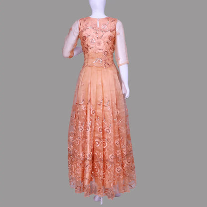 Radiant Elegance: Exquisite Round Neck Gown with Pleated Sequence Embroidery Embellishments | Pleated Sequence