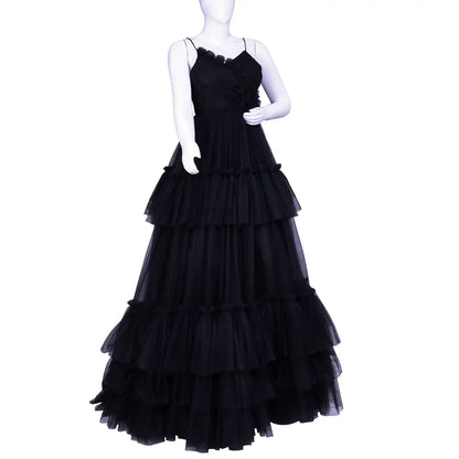 Black Netted Sleeveless Layered long Frock | Layered long Frock