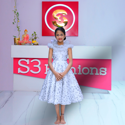 white sqivence baby birthday frock