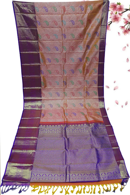Mustard and Violet Pattu Saree | Purple Border