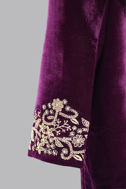 Wine-colored velvet Indian Groom Wedding, Engagement, and party function occasion designs for Men's Maggam Sherwani Suit | Men's Maggam suits