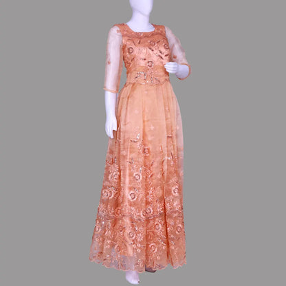 Radiant Elegance: Exquisite Round Neck Gown with Pleated Sequence Embroidery Embellishments | Pleated Sequence