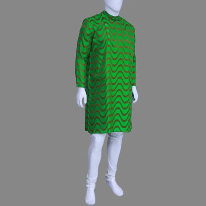 Men's Green High Neck Side Buttons Wave Printed Kurta | S3K1187/G