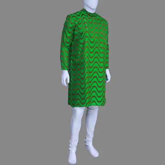 Men's Green High Neck Side Buttons Wave Printed Kurta | S3K1187/G