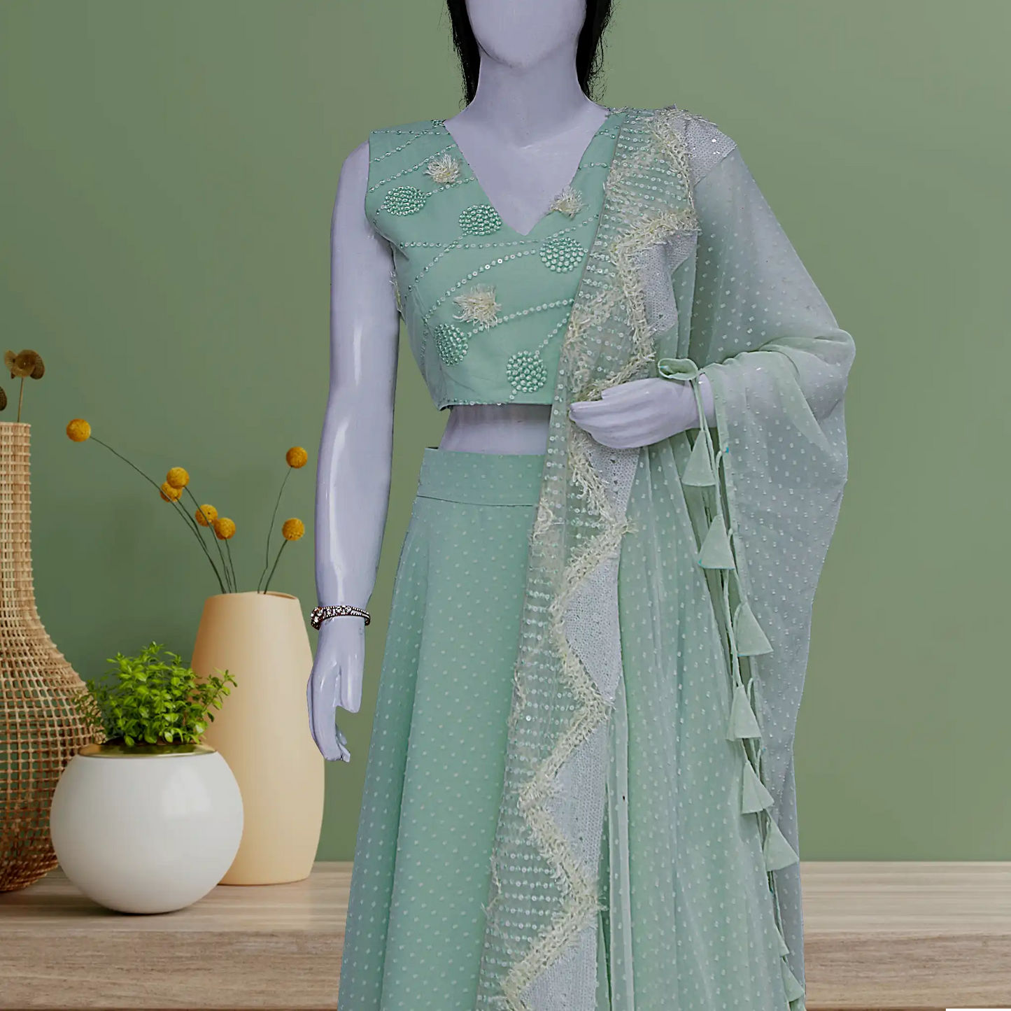 Pista Green Butta Georgette Lehenga Set | S3SKD1232