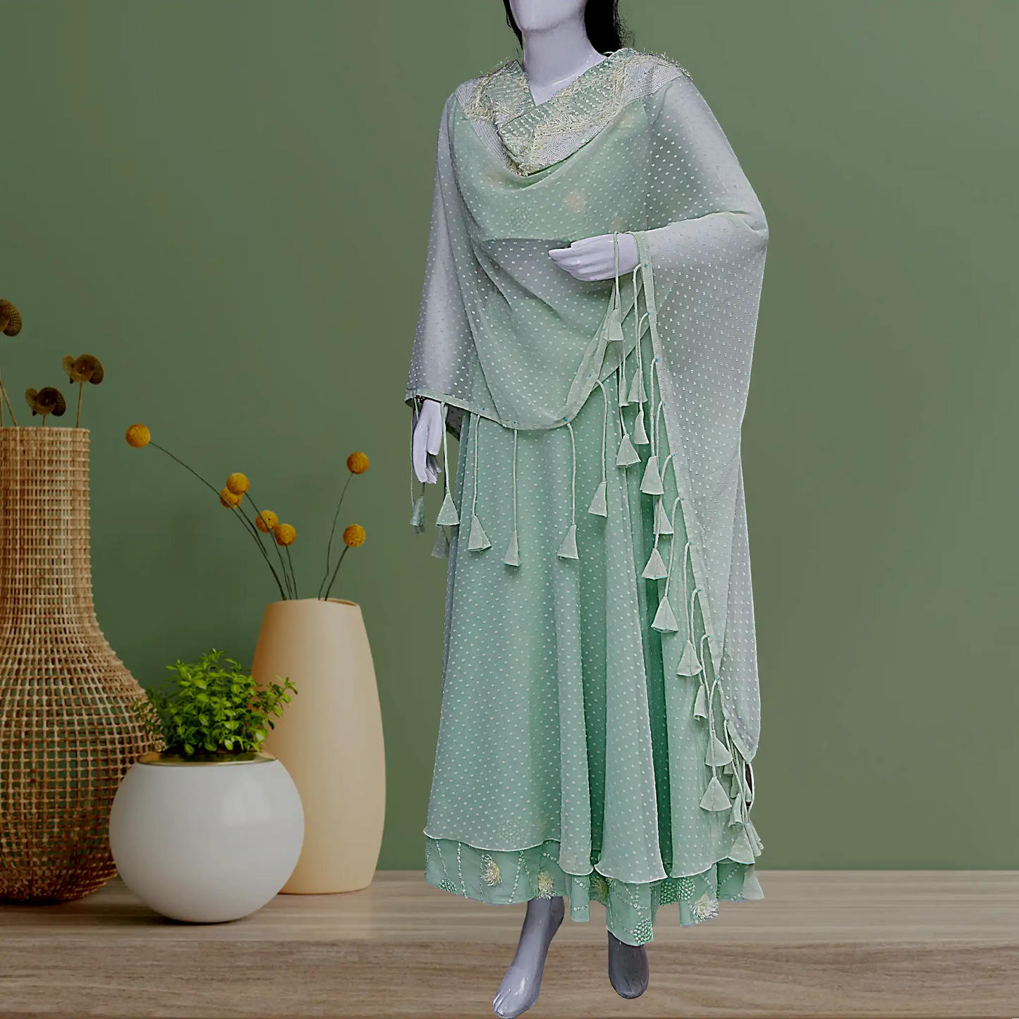 Pista Green Butta Georgette Lehenga Set | S3SKD1232